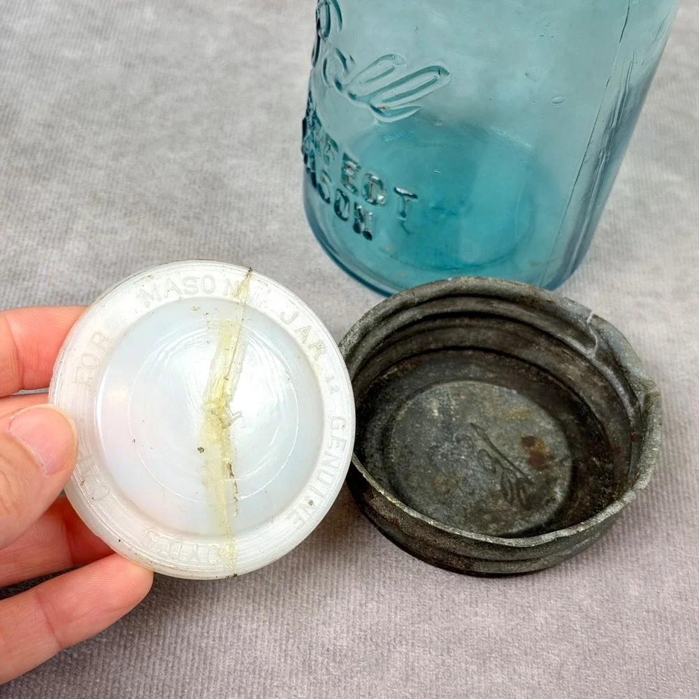 Vintage Ball Perfect Mason Jars Aqua Blue Glass Set of 3 Zinc Lids Antique Decor